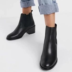 🏍️DEPP Black Leather Chunky Moto Heel Boots 40 9